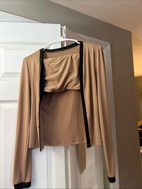 Beige Long Sleeve Open Cardigan with Black Trim